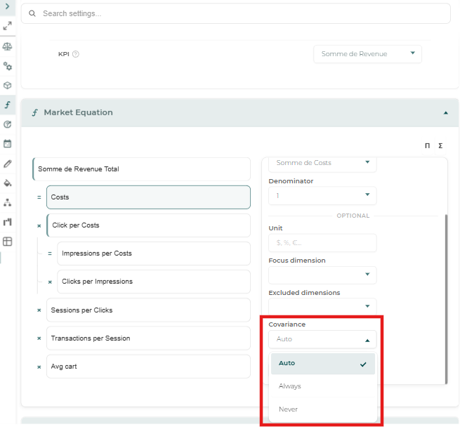 Per-step Covariance setting in the Market Equation detail panel