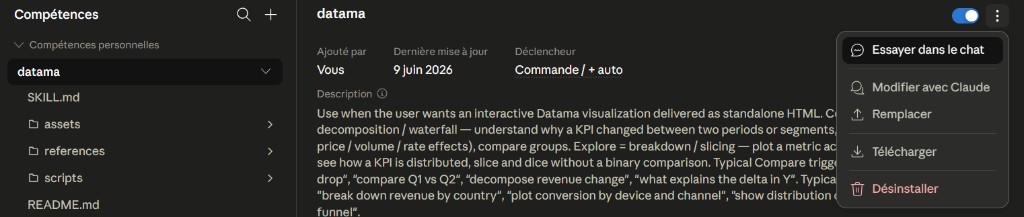 Datama skill details in a web assistant (example: Claude)