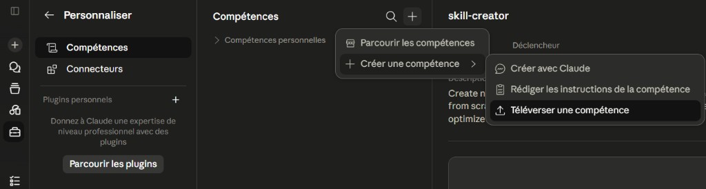 Upload a skill in a web AI assistant (example: Claude)